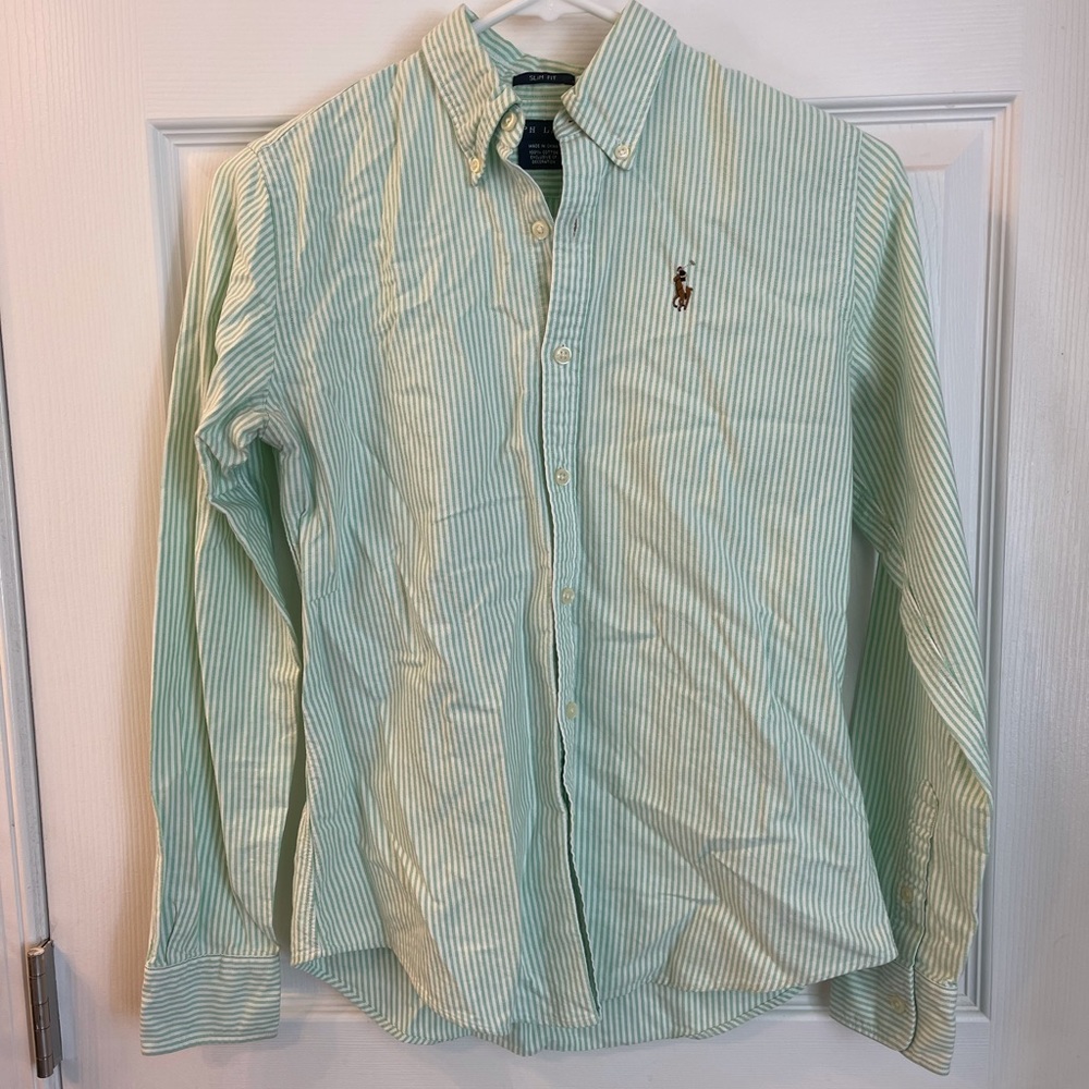 Ralph Lauren green and white pinstripe button up